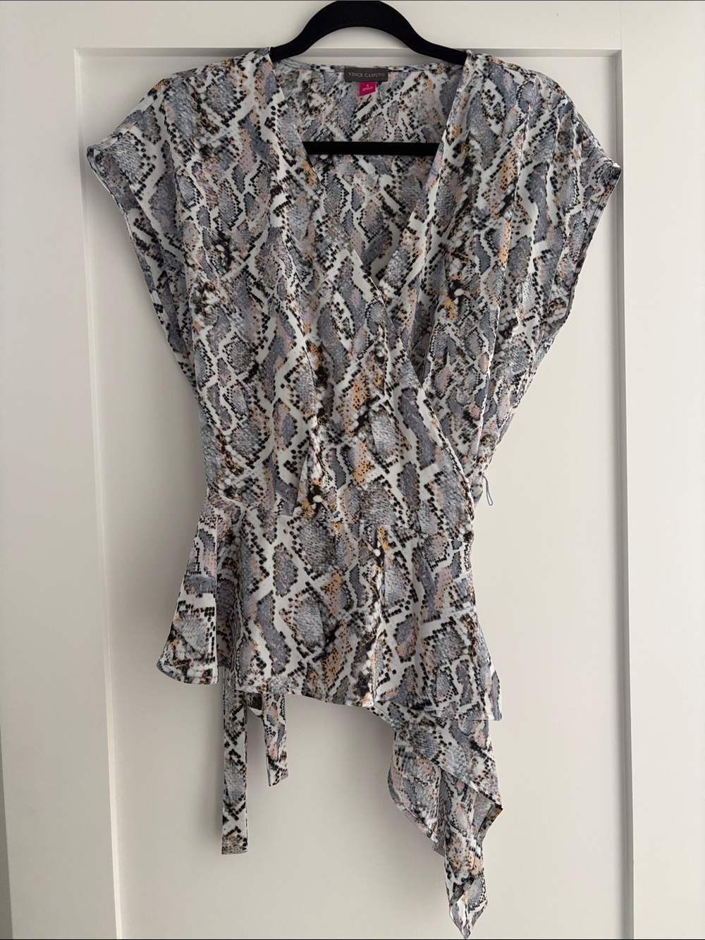 Vince Camuto Snake Print Wrap Top in Gray and Tan